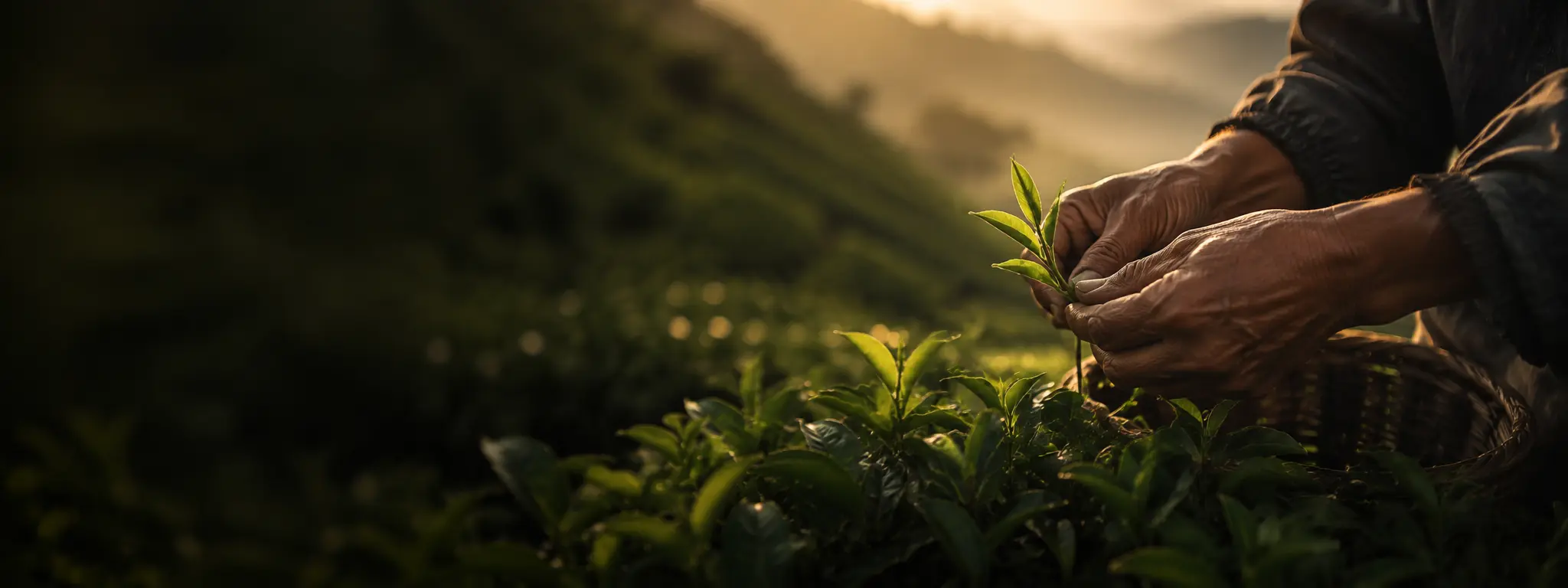 A tea picker's hands plucking two leaves and a bud