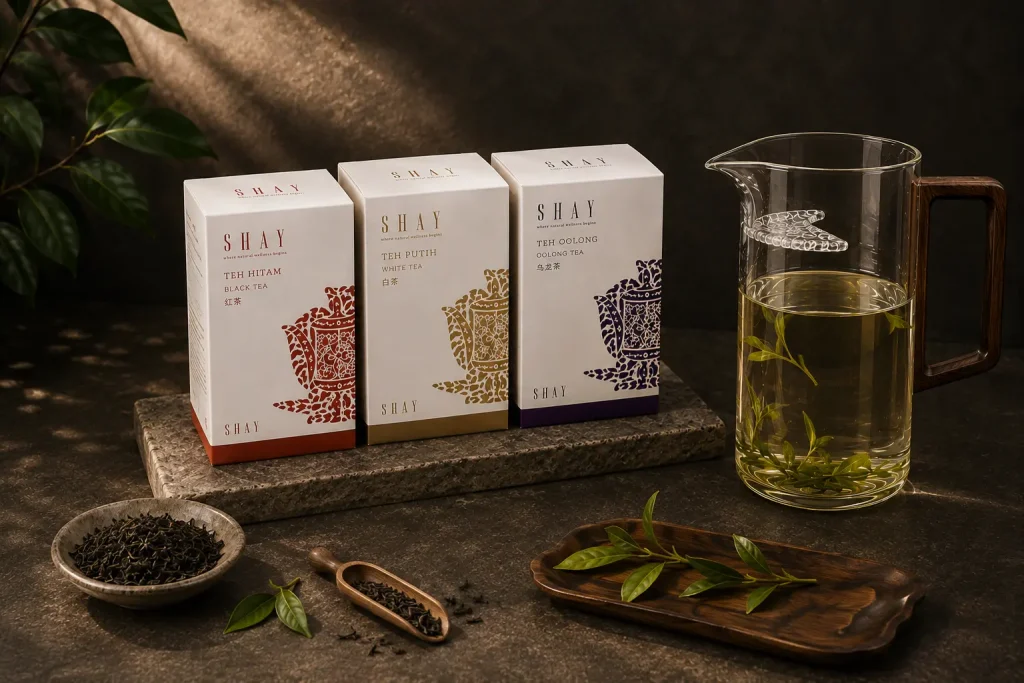 SHAY Wellness Tea Box full set with White Tea, Oolong Tea, Black Tea and glass tea pitcher