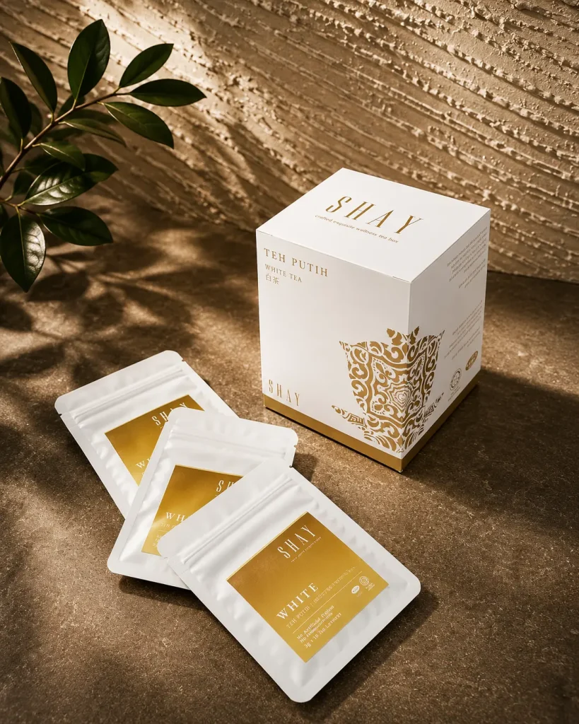 SHAY White Tea Wellness Tea Box with individual tea sachets