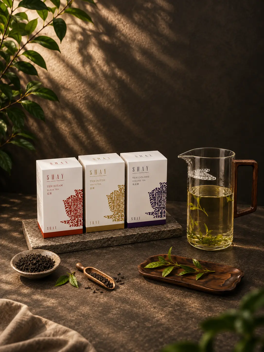 SHAY Wellness Tea Box full set with White Tea, Oolong Tea, Black Tea and glass tea pitcher